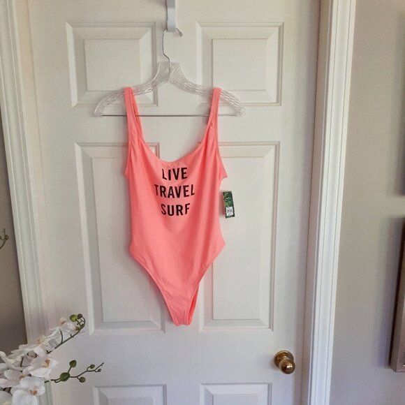 NWT Eidon Surf "Live, Travel, Surf"  blush peach one piece swimsuit, L - Picture 5 of 7